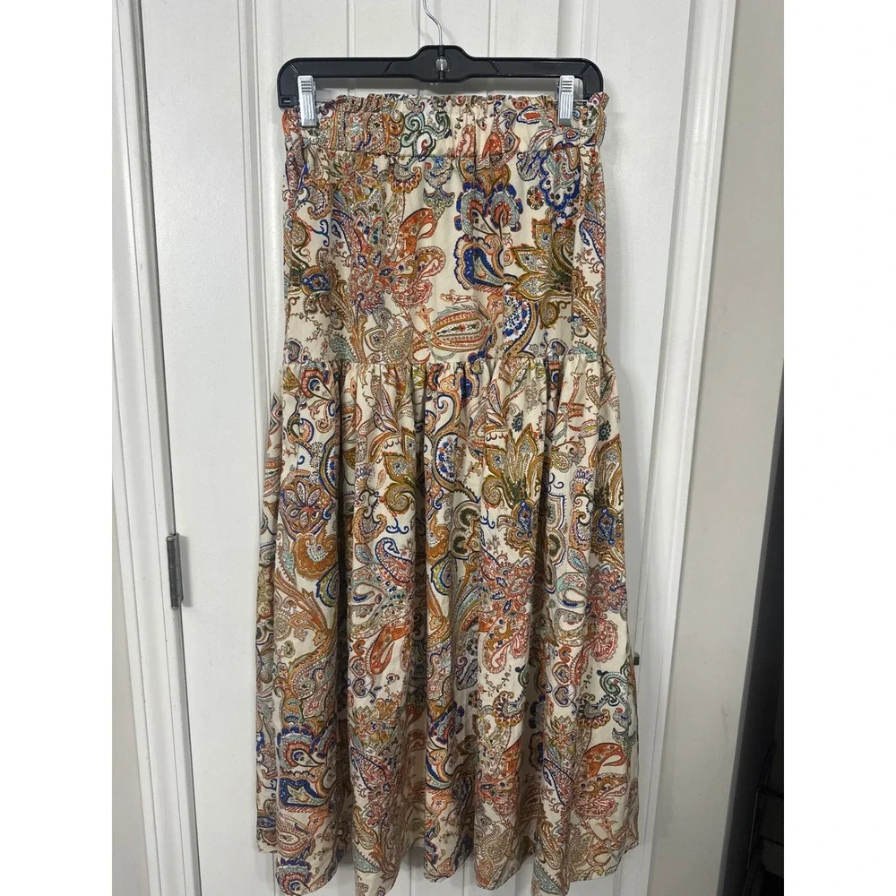 Paisley Tiered Maxi Skirt Womens Medium Boho Earthy Whimsy Elastic Waist Cream